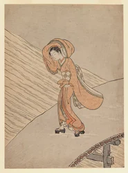 Junges Mädchen überquert eine Brücke nach dem Schnee: Kalenderjahr des zweiten Jahres von Meiwa, 1765